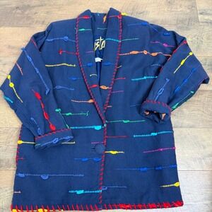 Crystal Handwovens Vintage Blazer Navy Blue w/ Rainbow Embroidery Women's Med
